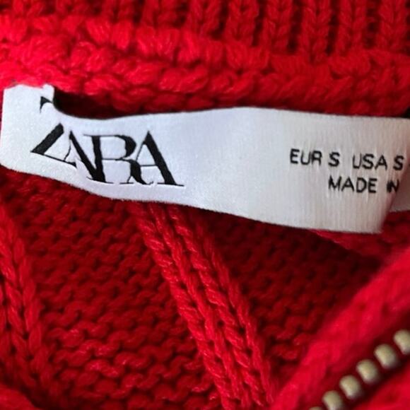 Zara Red Cable Knit 1/4 Zip High Neck Collared Long Sleeve Crop Sweater Top Sz S - Picture 4 of 5